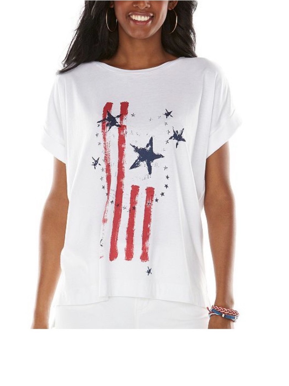 Chaps Women’s Patriotic Tee W/ Uneven Hem & Cuffed Short Sleeves